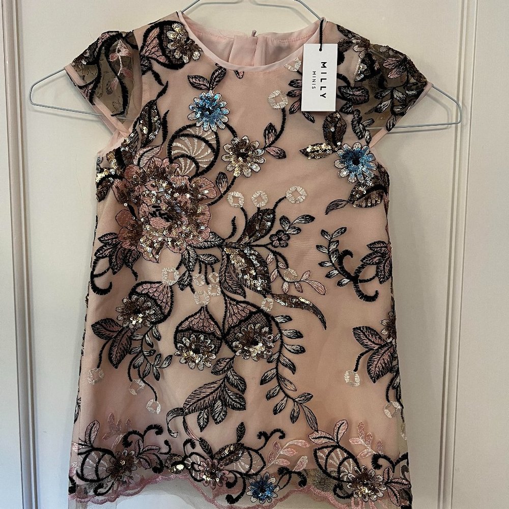 MILLY MINIS Chloe Pink Floral Sequin Embroidered Dress, Girls Size 4